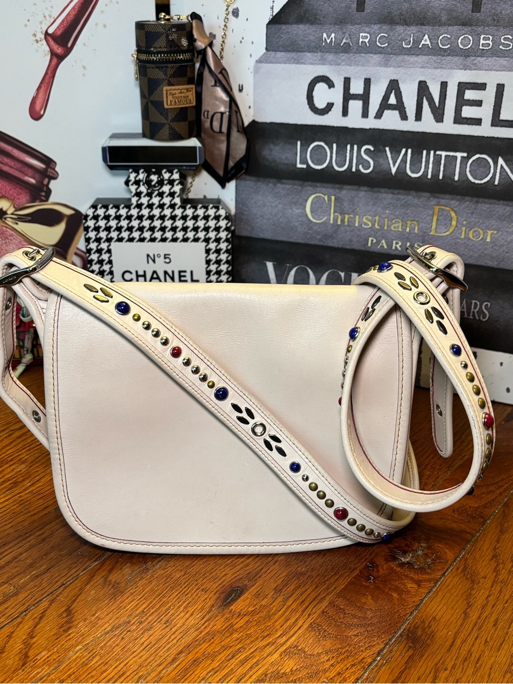 Coach F59389 Chalk Glovetanned Leather Embellished Flap Crossbody Messenger Bag
